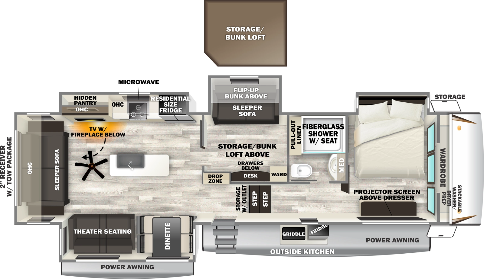 The Sabre 36FLX floorplan has one entry and four slide outs. Exterior features include: fiberglass exterior, 10'8" & 21' awning and outside kitchen. Interiors features include: bunk beds, loft, kitchen island, free-standing dinette option, front bedroom and rear living.